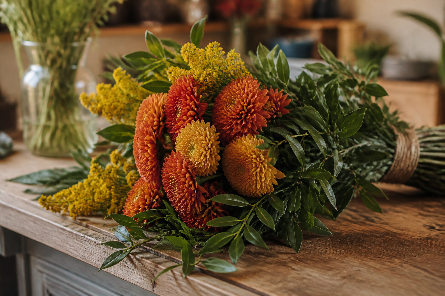 Bronze mums, solidago, and ruscus greenery bundled on a florist's worktable