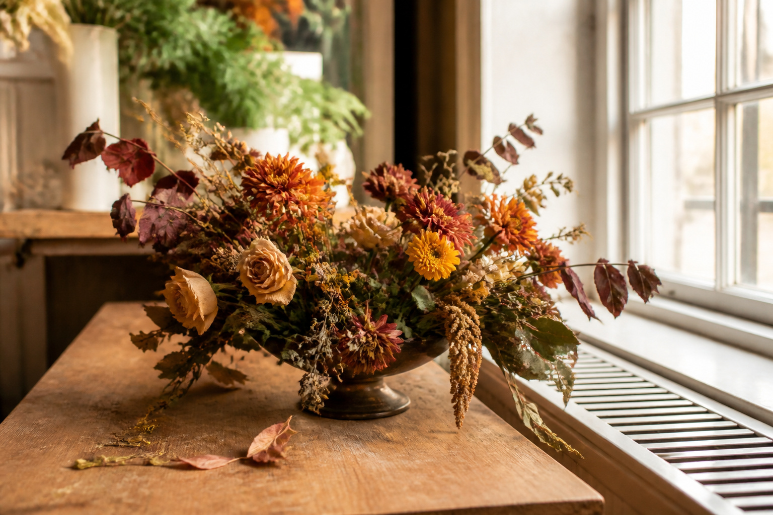 Fall flower centerpiece near a sunlit window and heating vent