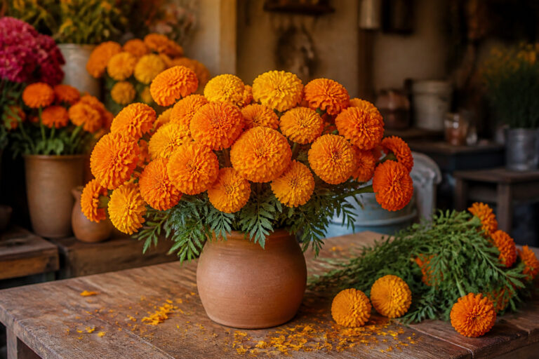 Bright orange and yellow marigolds arranged in a terracotta vase for a Dia de los Muertos ofrenda