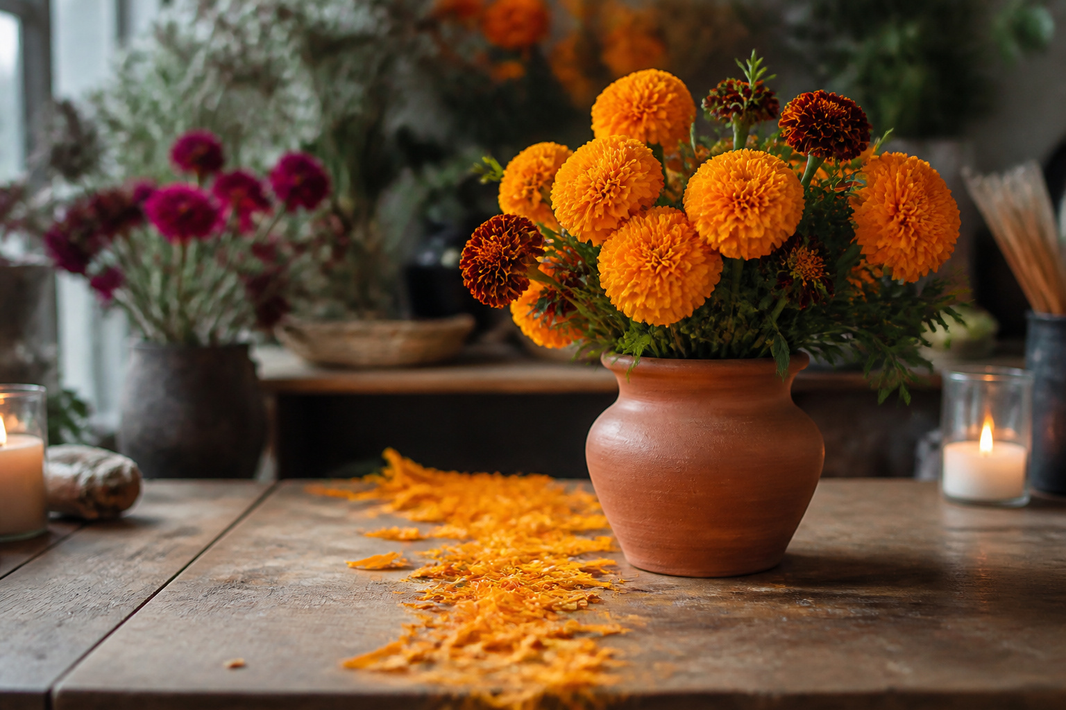 Simple marigold ofrenda arrangement with a trail of petals