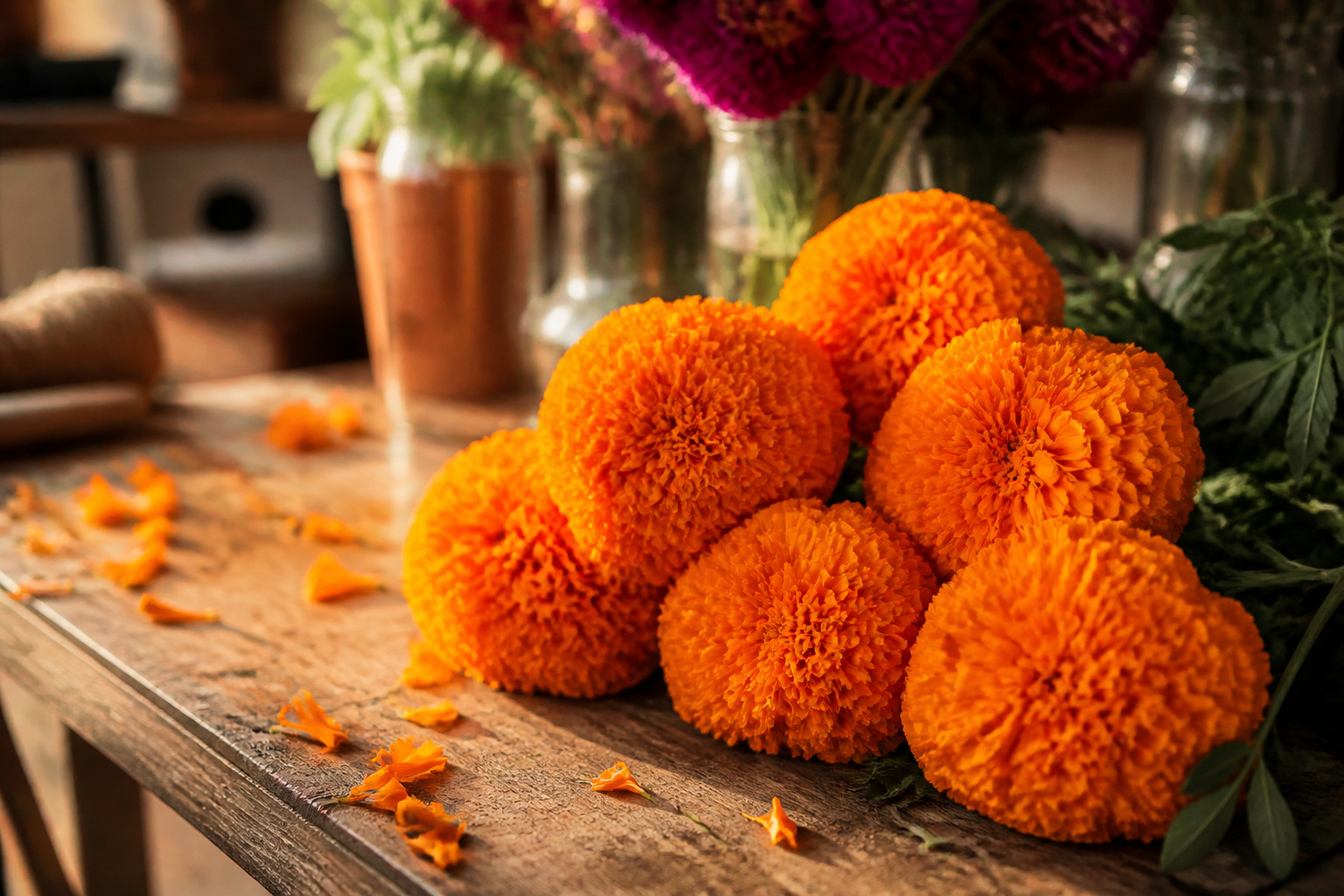 Close-up of bright orange cempasuchil marigold blooms