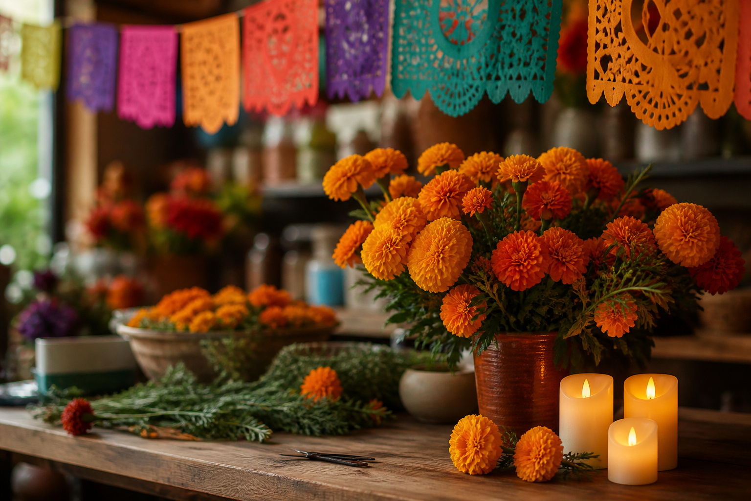 Marigolds paired with papel picado banners and glowing votive candles