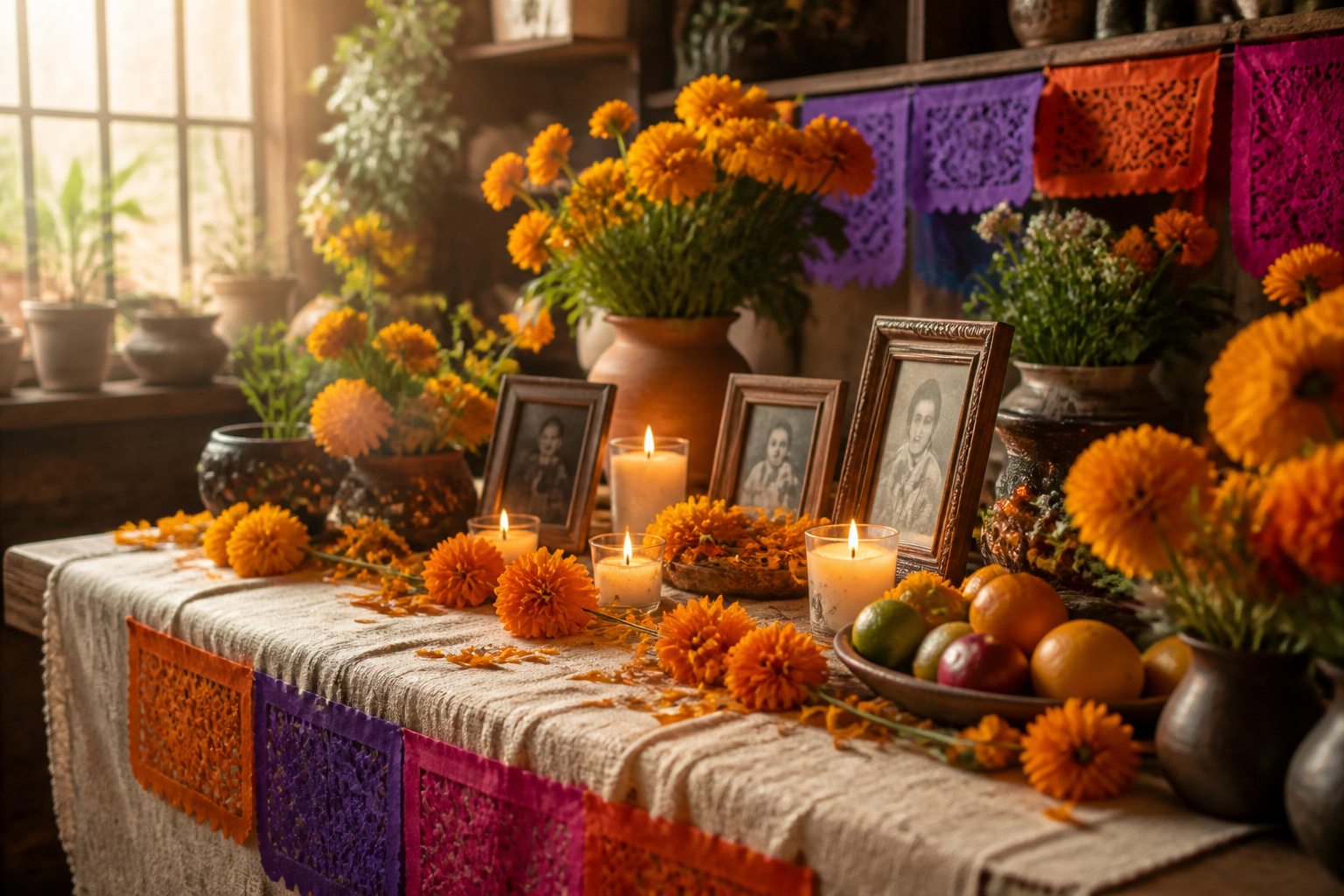 Thoughtfully arranged ofrenda display with marigolds, candles, and papel picado