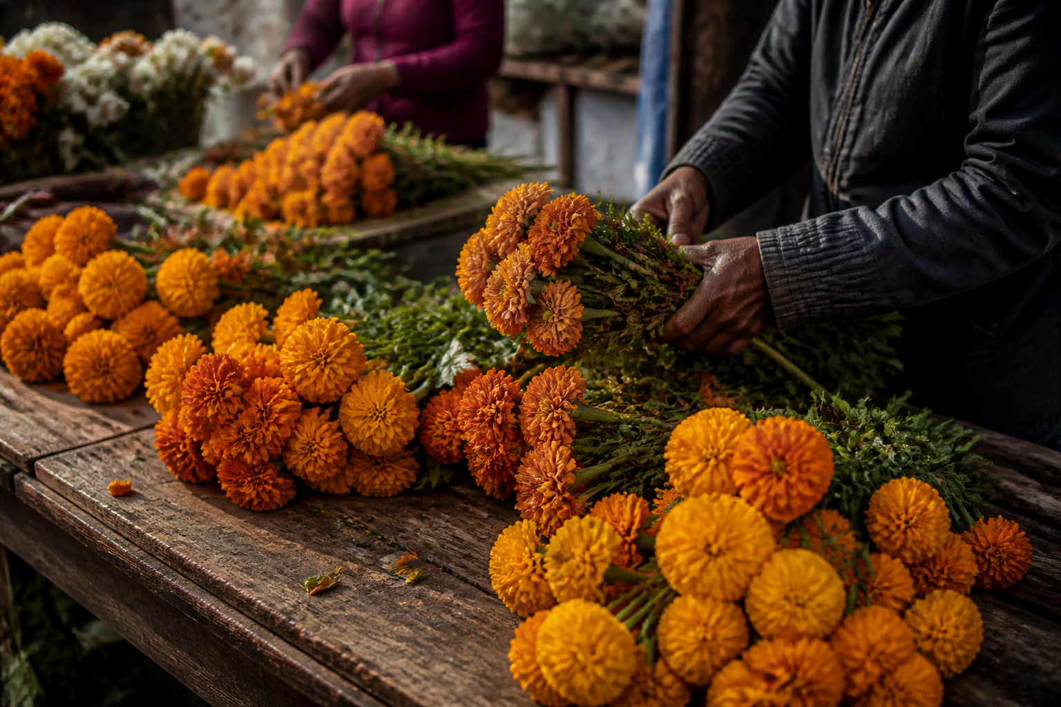 Bunches of fresh marigolds being sorted at a market stall