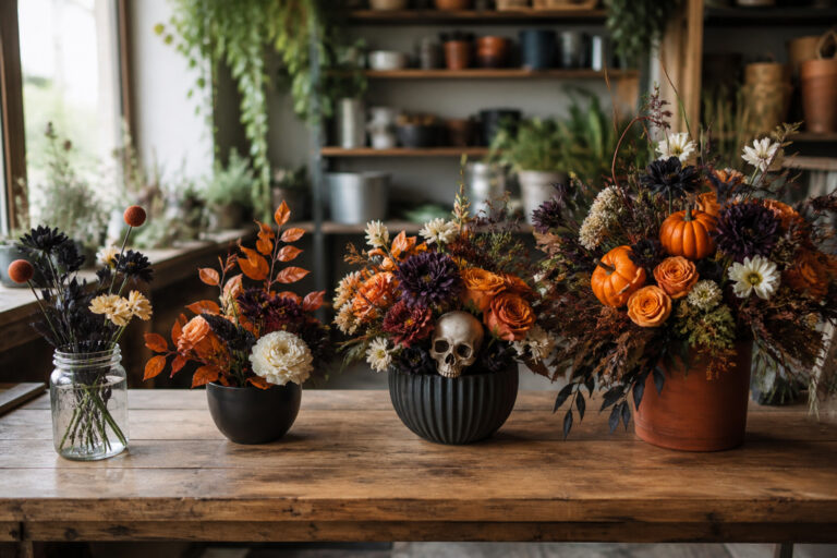 Four Halloween flower arrangements at increasing budget levels lined up on a worktable