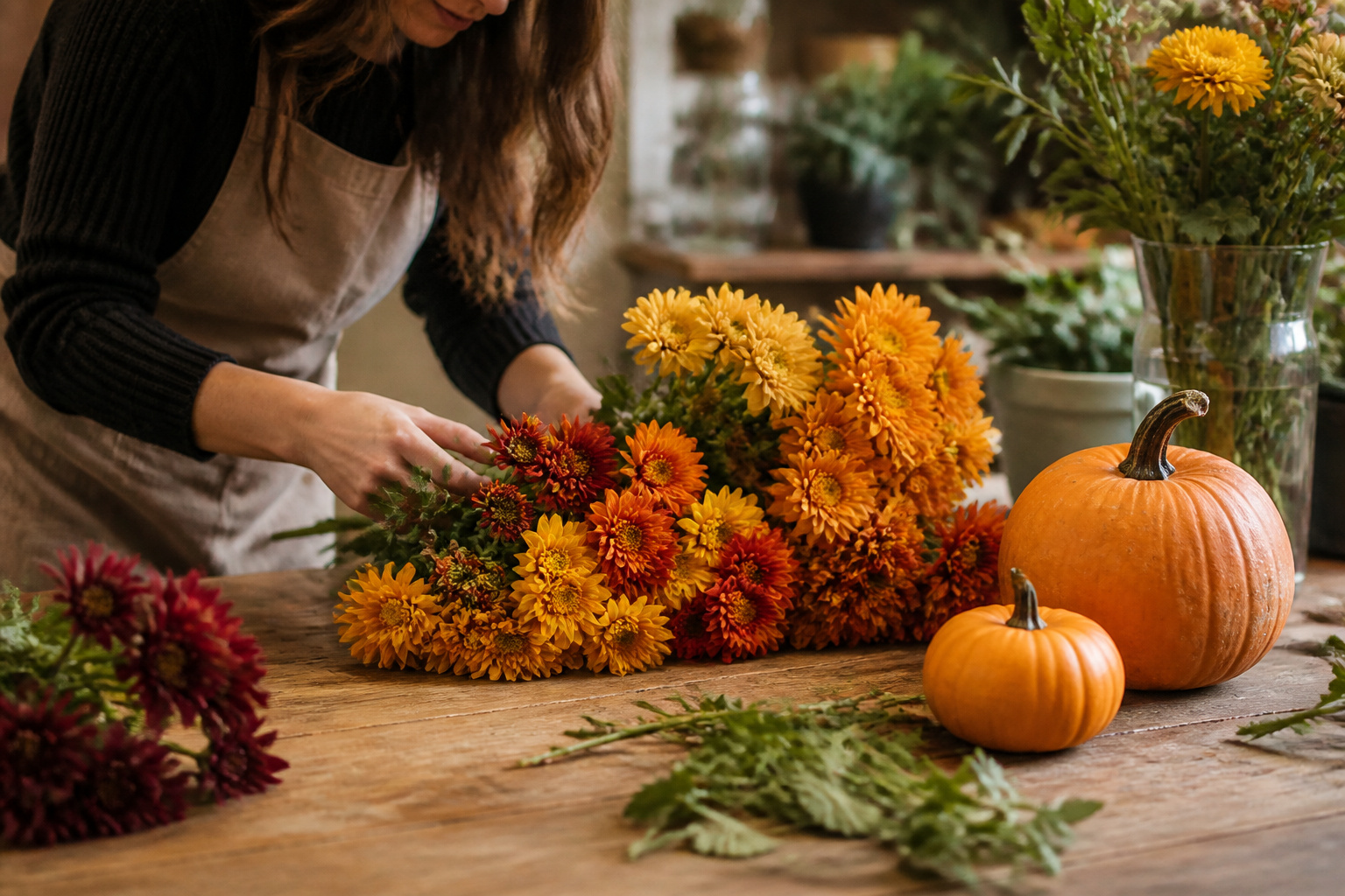 Grocery store mums and craft store pumpkins being arranged on a worktable