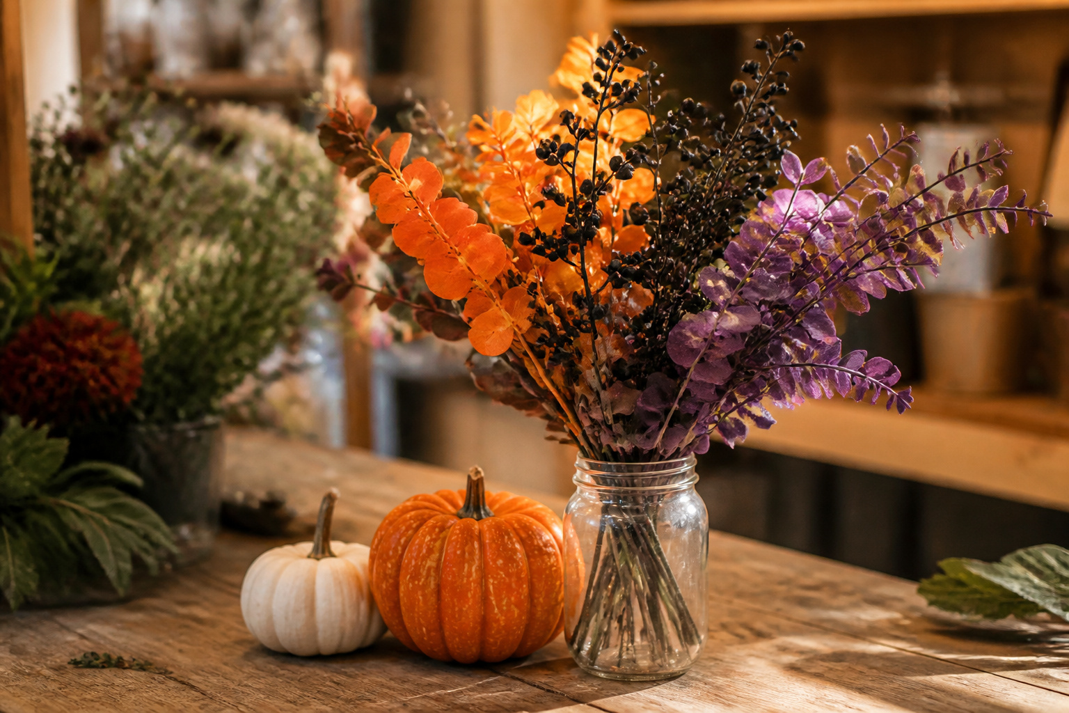 Mason jar of faux fall stems with mini pumpkins, a budget Halloween arrangement