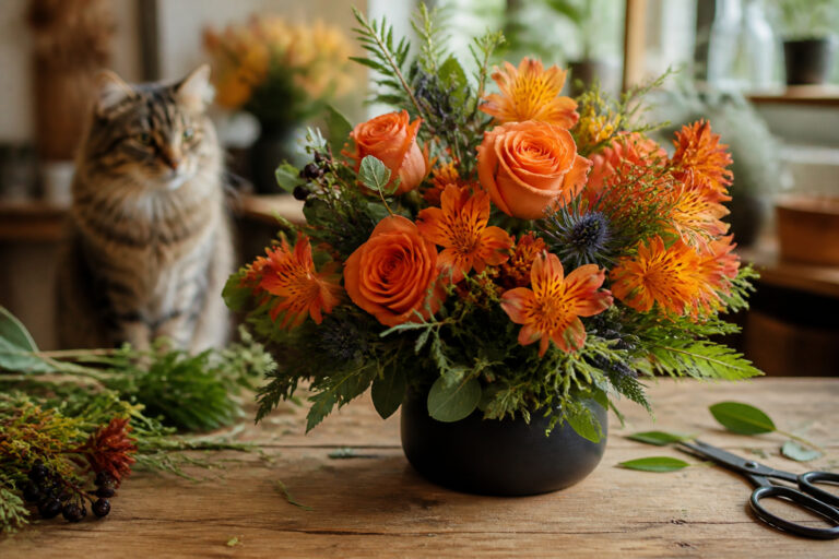 Non-toxic Halloween arrangement of roses and alstroemeria with a cat nearby