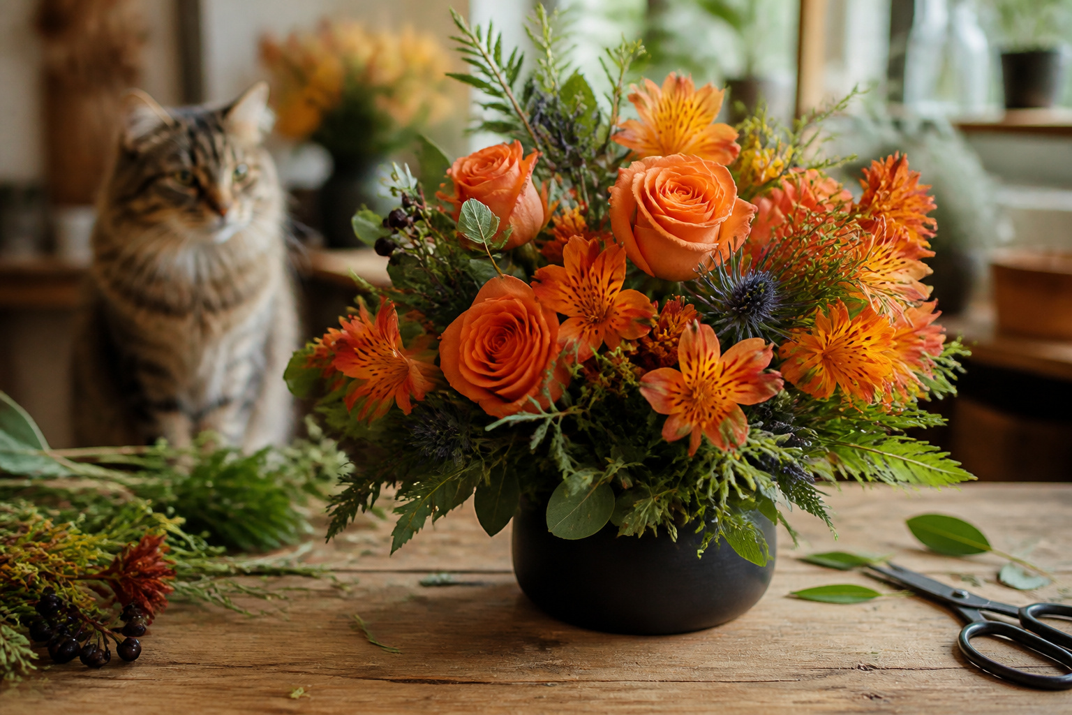 Non-toxic Halloween arrangement of roses and alstroemeria with a cat nearby