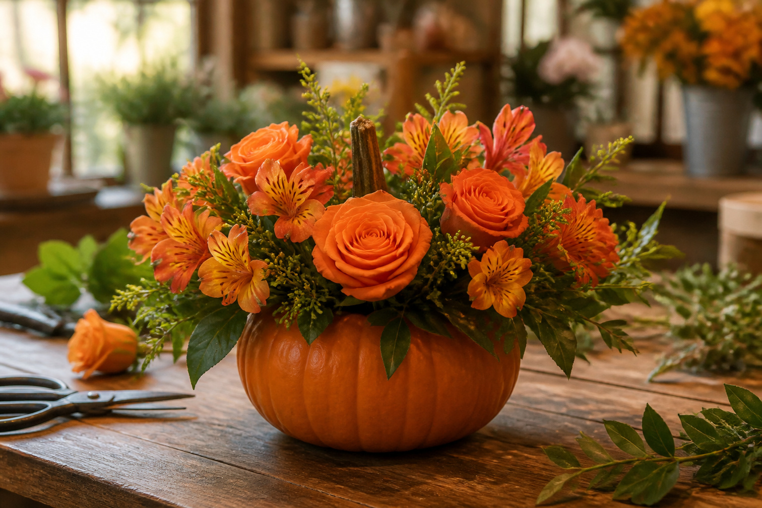 Finished non-toxic Halloween centerpiece with roses, alstroemeria, and a pumpkin