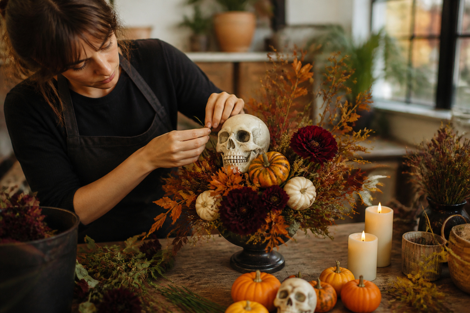 Small Halloween props being secured onto an arrangement with battery candles nearby