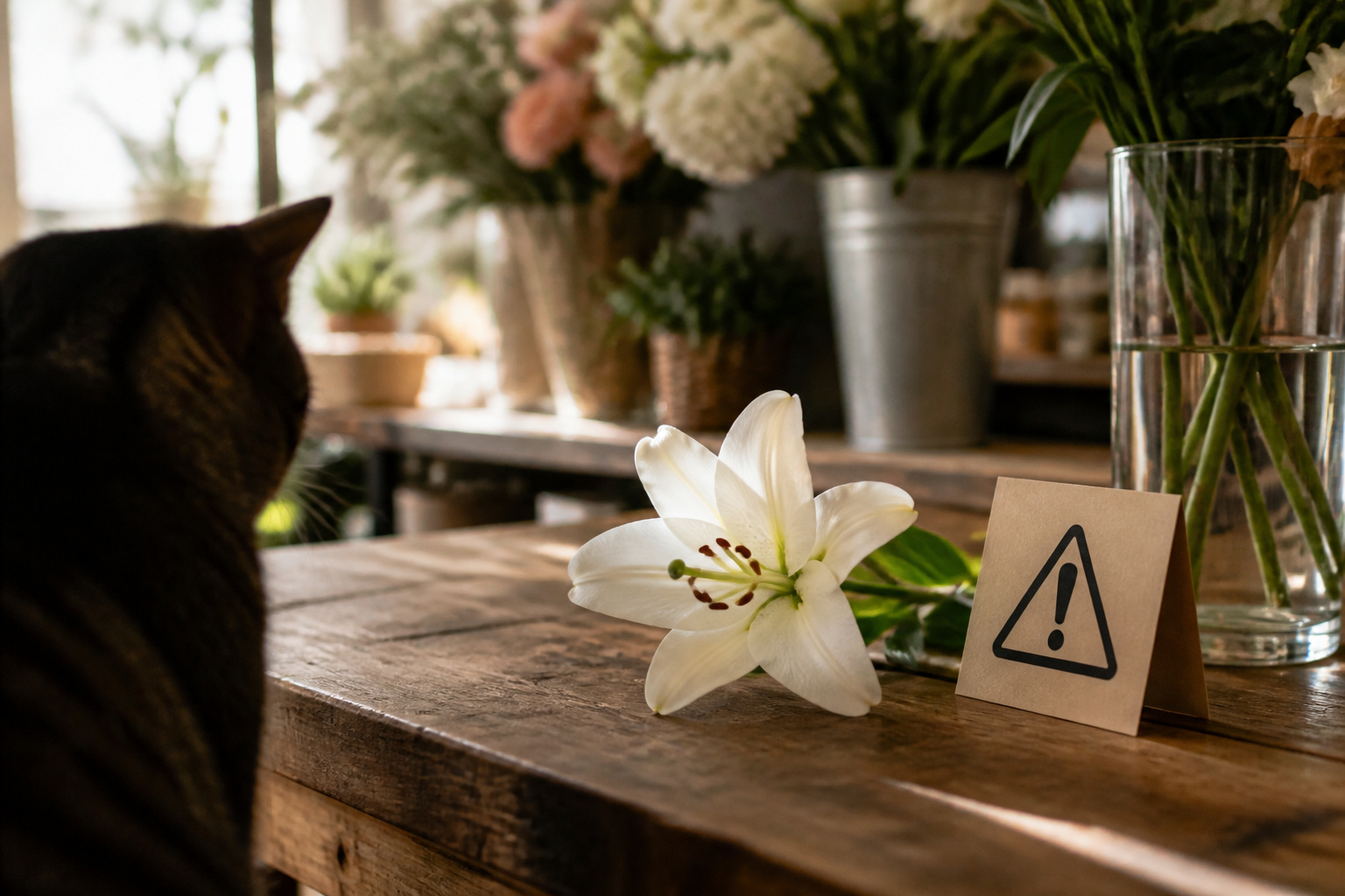 White lily bloom set apart from other flowers as a toxic-to-pets warning image