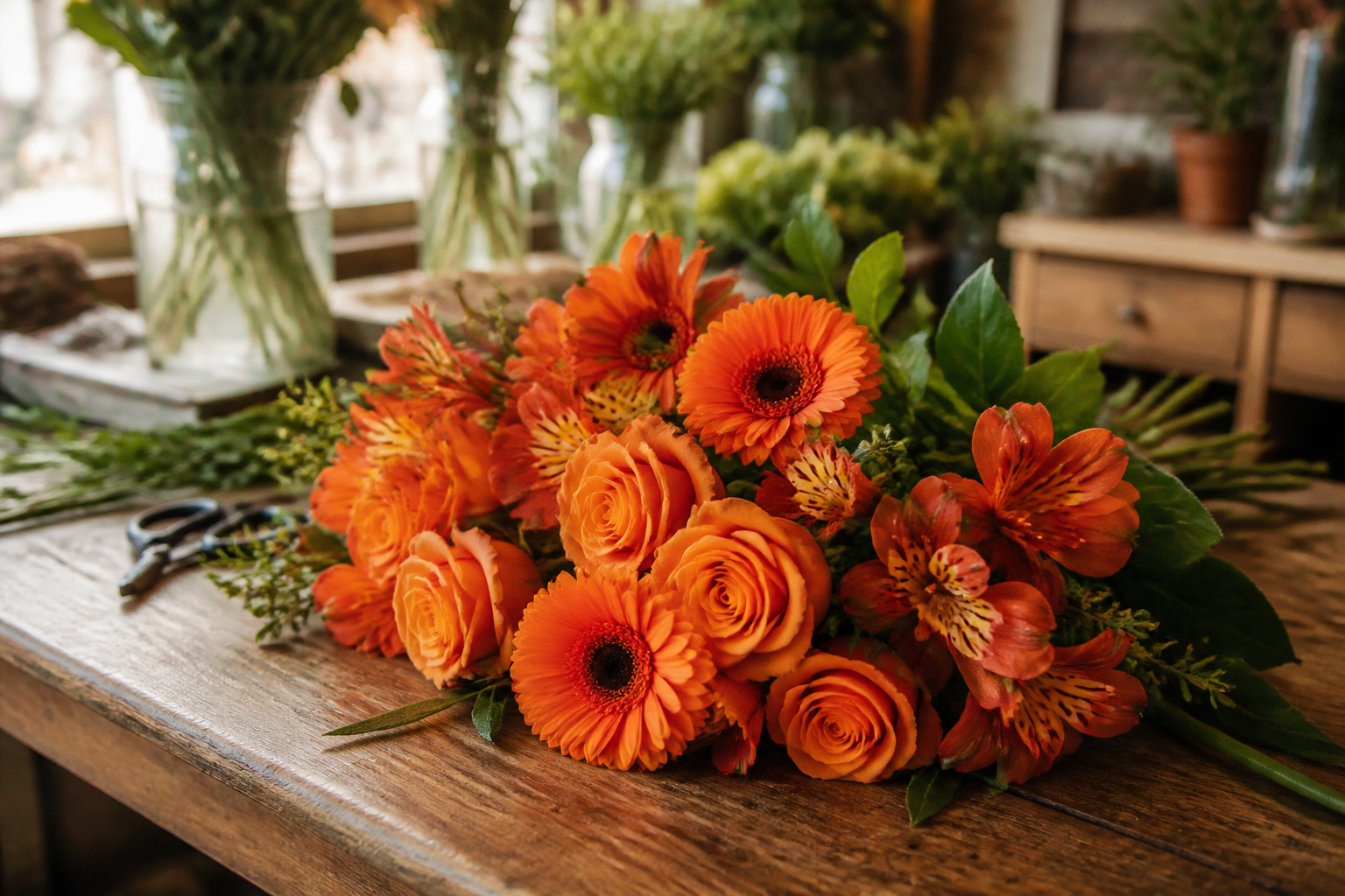 Orange roses, alstroemeria, and gerbera daisies bundled on a worktable