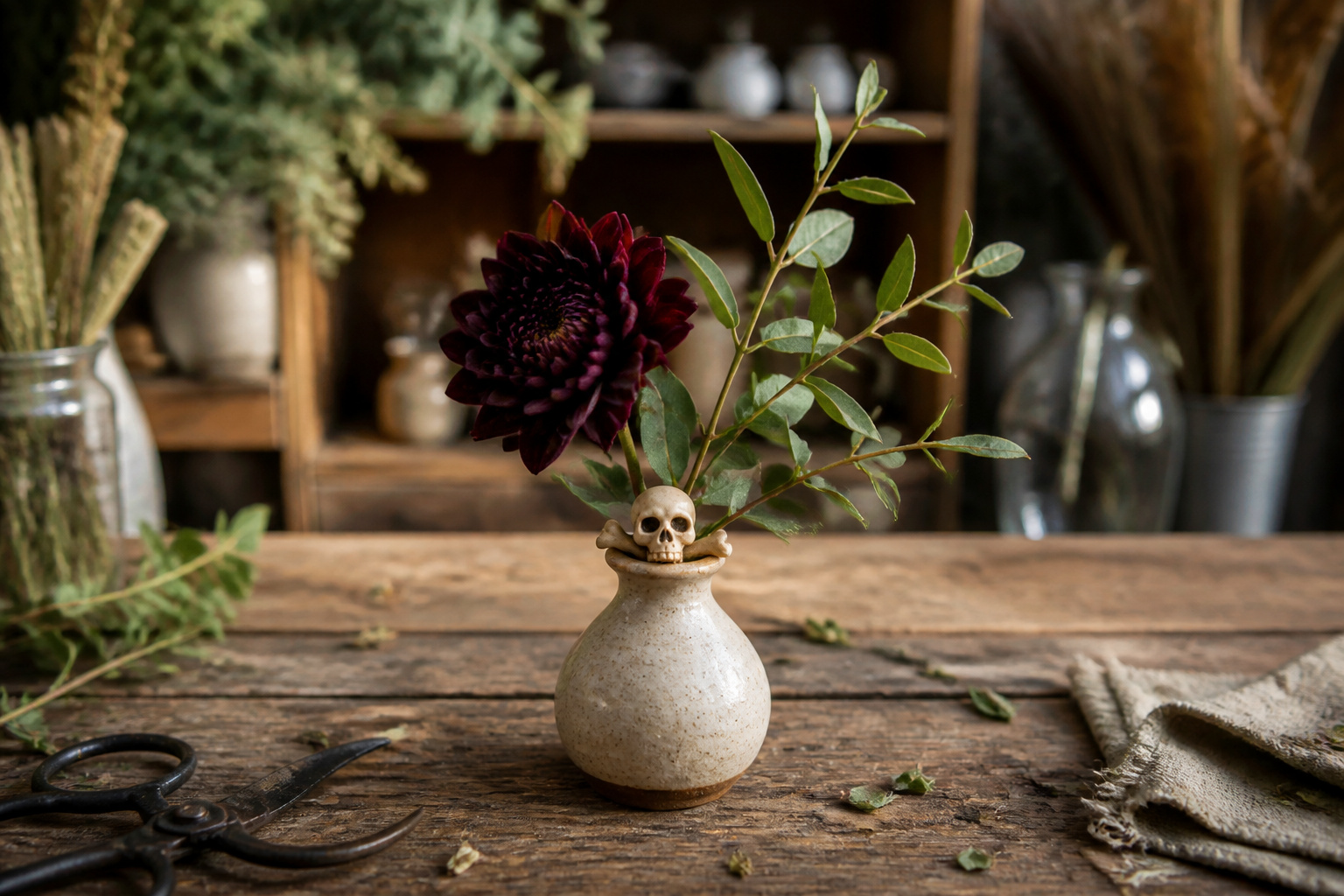 Scaled-down bud-vase skull-and-bones Halloween arrangement
