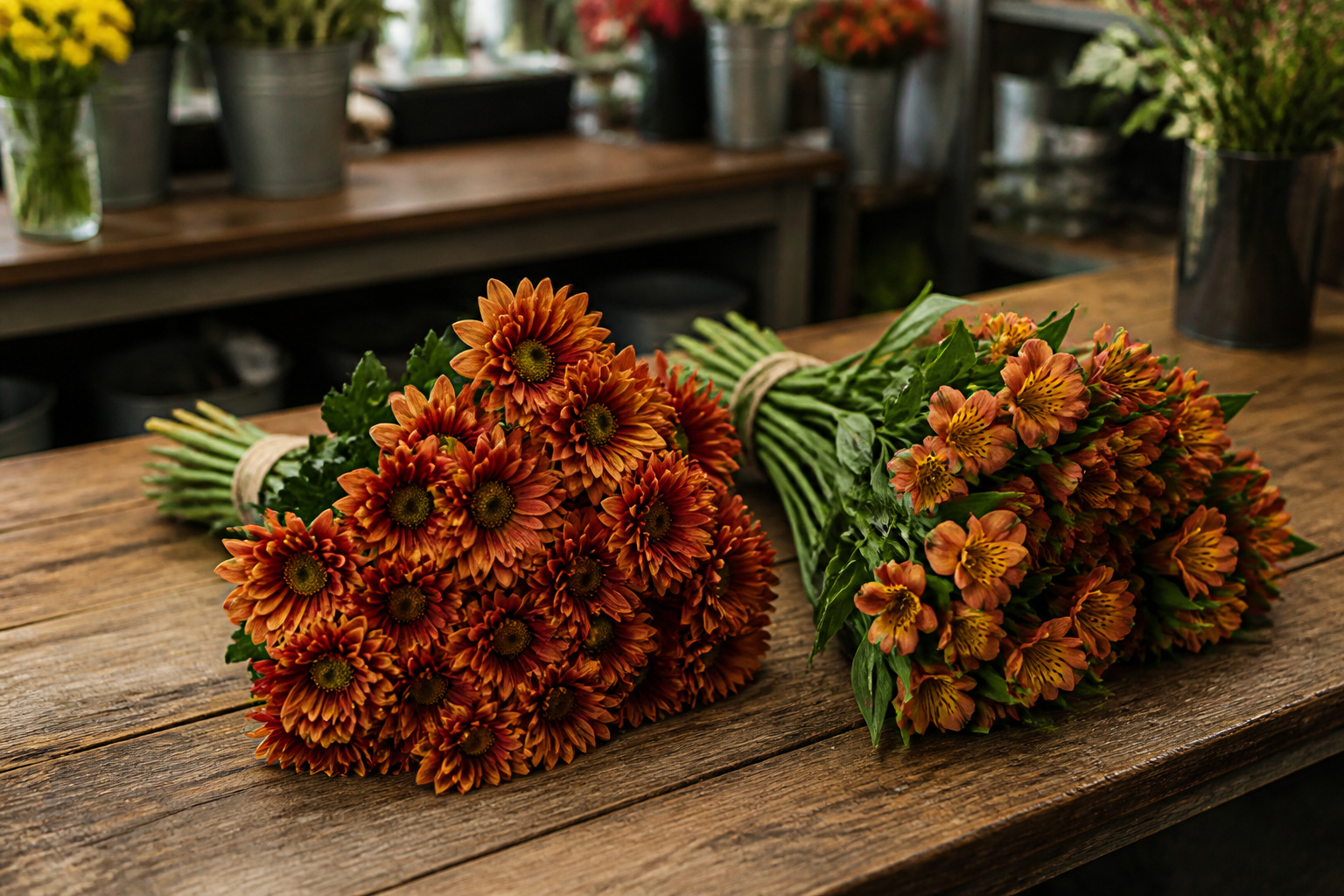 Tidy bundle of bronze mums and alstroemeria with no petal debris
