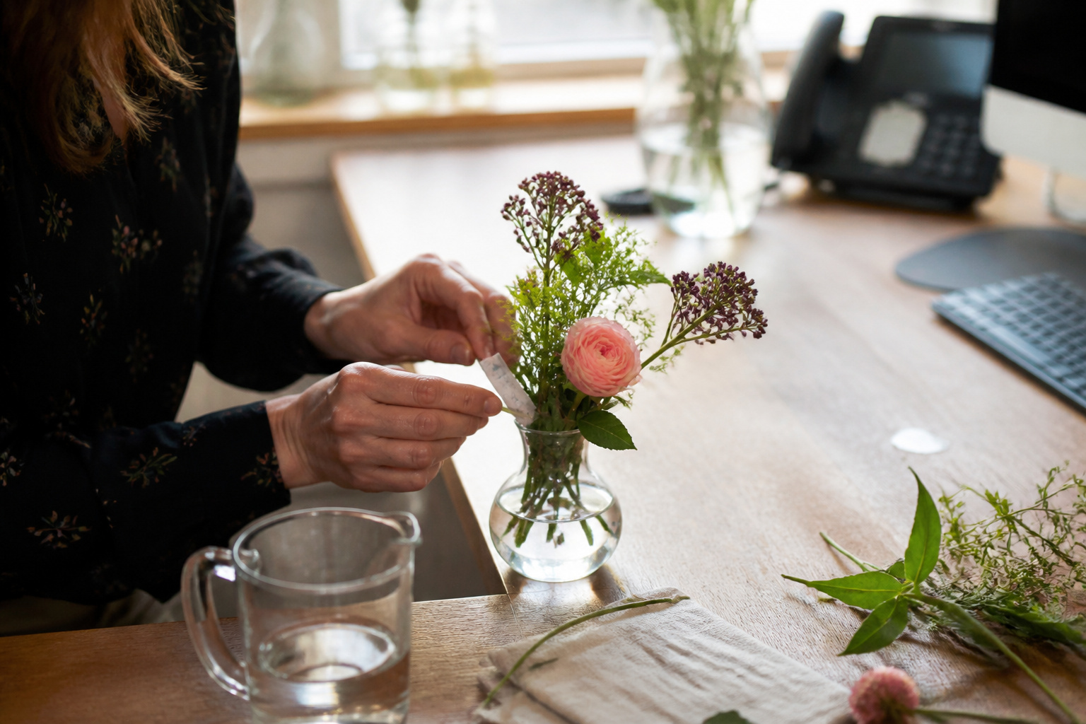 Small desk arrangement being refreshed with flower food and clean water