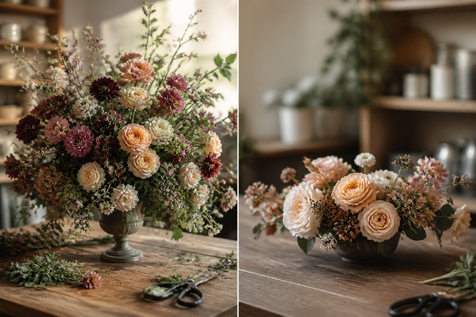 Tall tablescape arrangement compared to a low compact desk arrangement