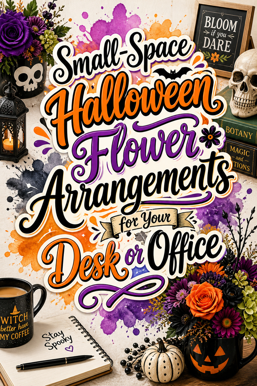 Pinterest graphic for Small-Space Halloween Flower Arrangements for Your Desk or Office