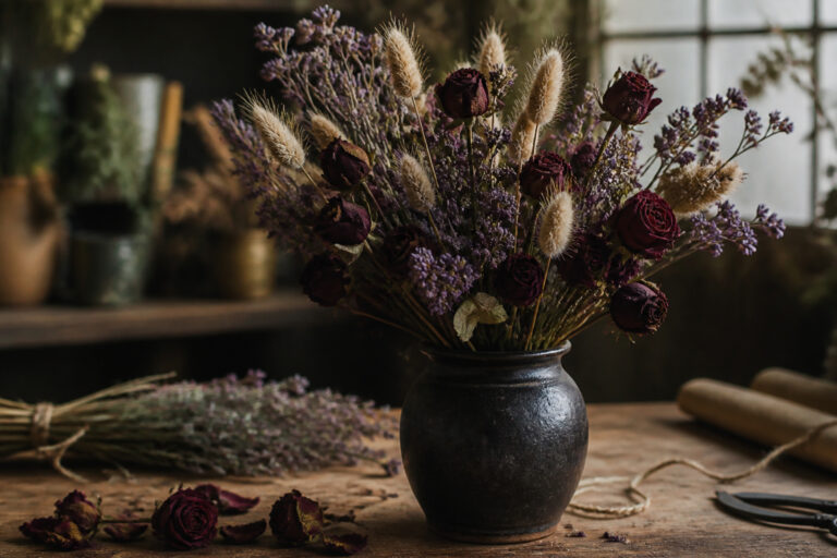 Gothic dried flower arrangement of dried roses, statice, and bunny tail grass