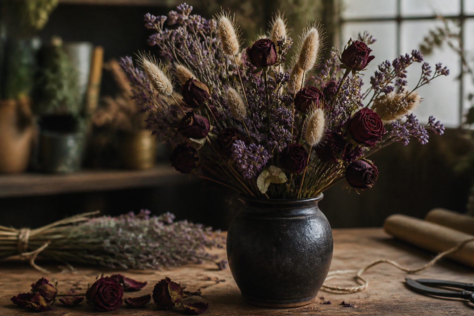 Gothic dried flower arrangement of dried roses, statice, and bunny tail grass