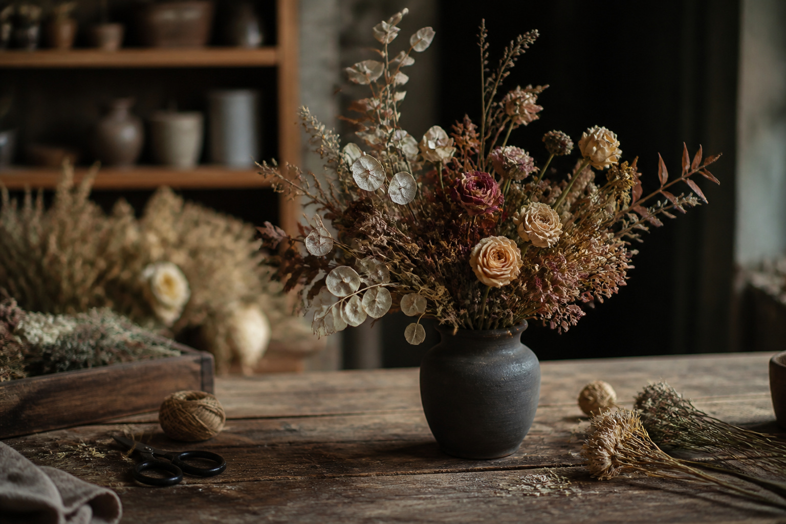 Finished dried flower arrangement in a dry vase with no water