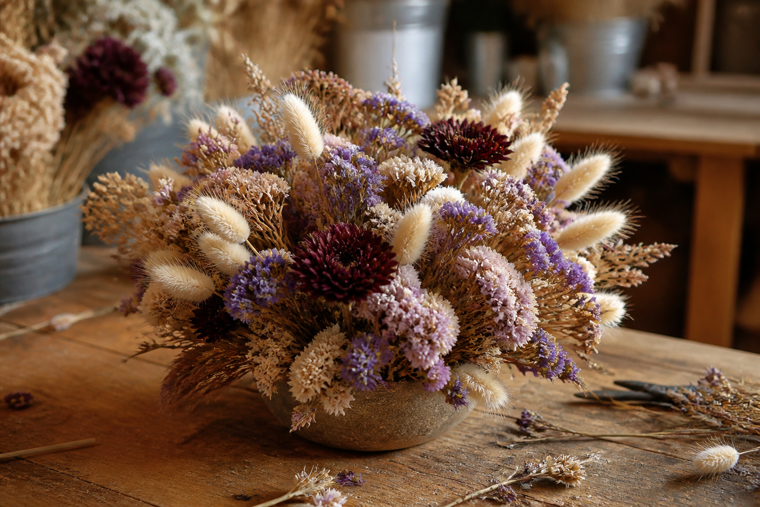 Dried statice base arrangement with fresh mums tucked in