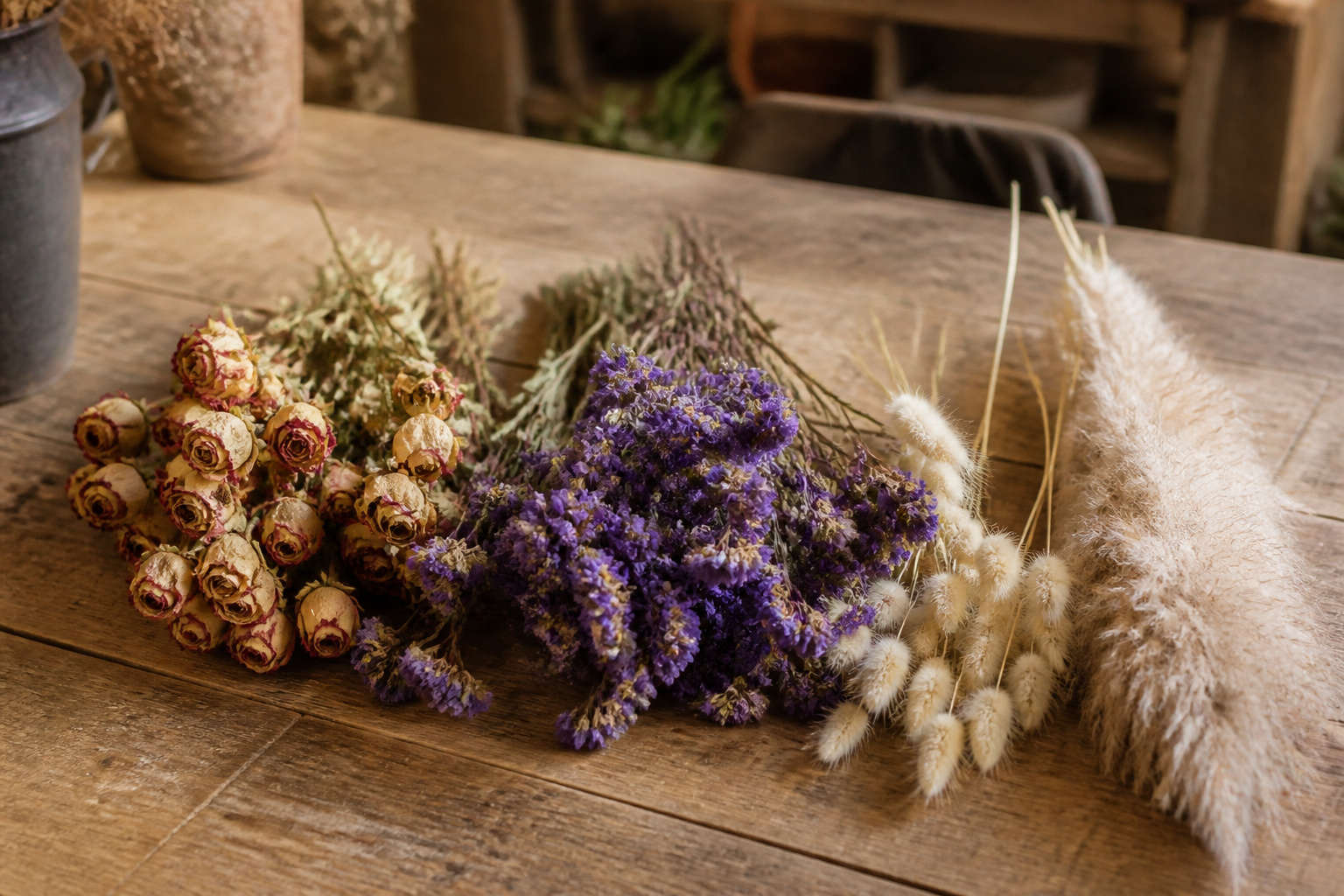Dried roses, statice, bunny tail grass, and pampas grass laid out on a worktable