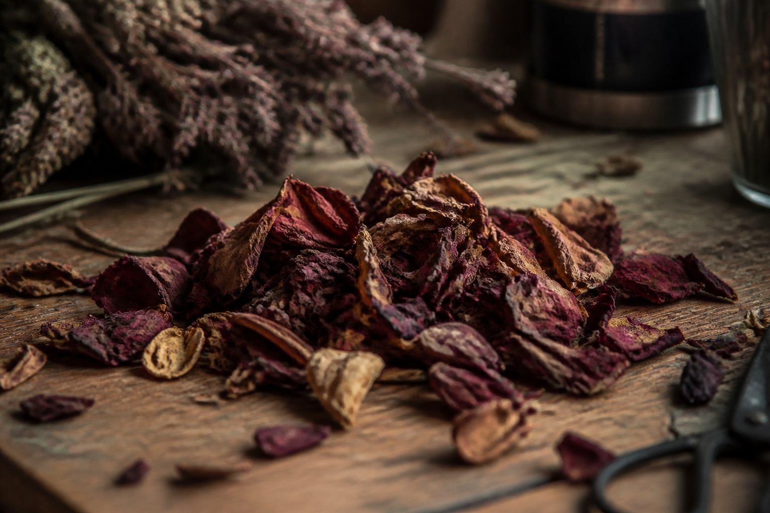Close-up of dried rose petals with a muted papery texture