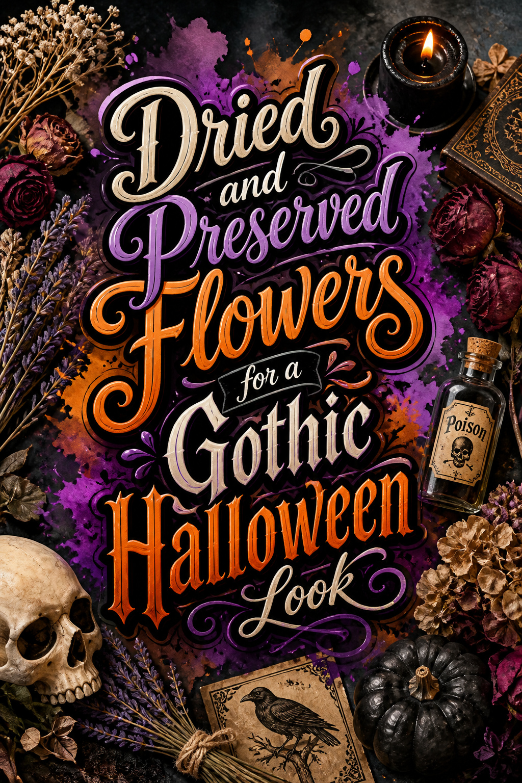 Pinterest graphic for Dried and Preserved Flowers for a Gothic Halloween Look