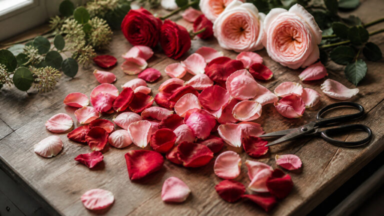 Loose fresh rose petals scattered across a florist's wooden worktable next to whole garden roses