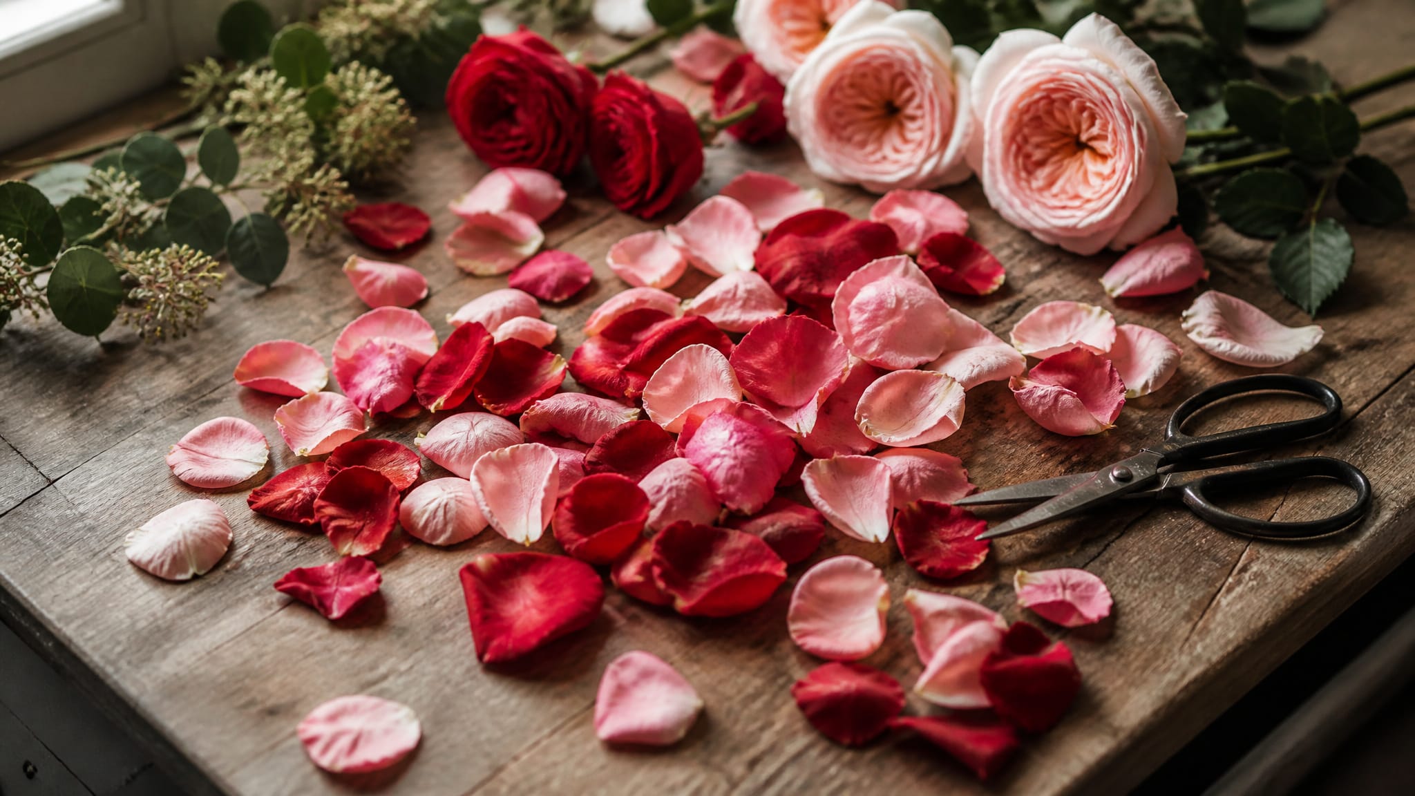 Loose fresh rose petals scattered across a florist's wooden worktable next to whole garden roses