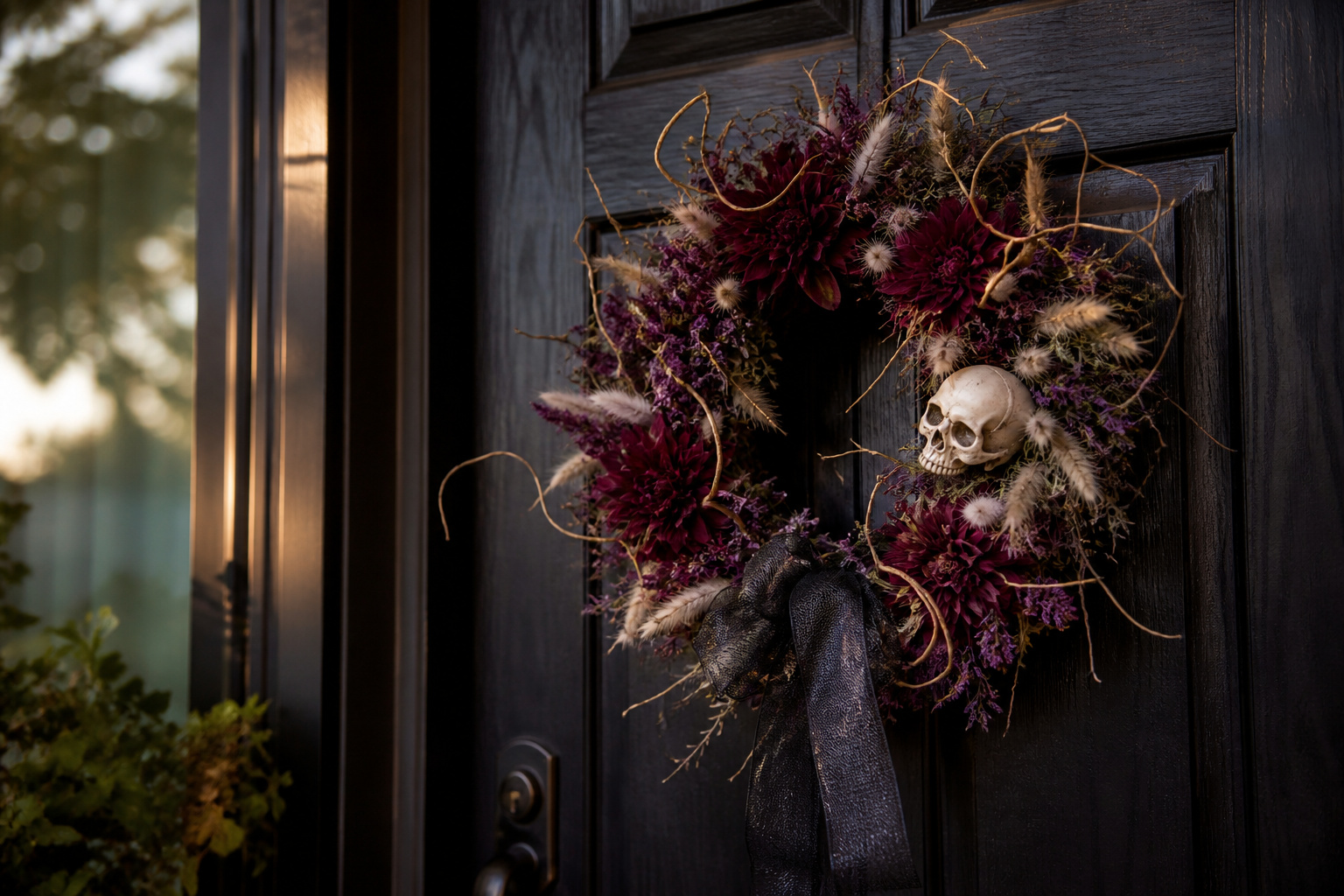 Finished Halloween wreath with dark dahlias, dried statice, and a black ribbon bow hanging on a front door