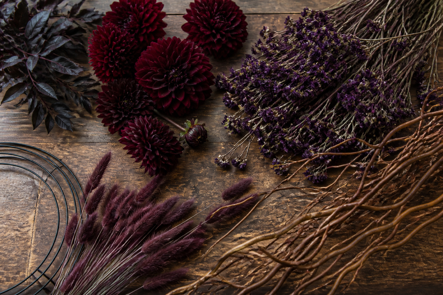 Dark dahlias, dried statice, bunny tail grass, and curly willow branches laid out for a Halloween wreath