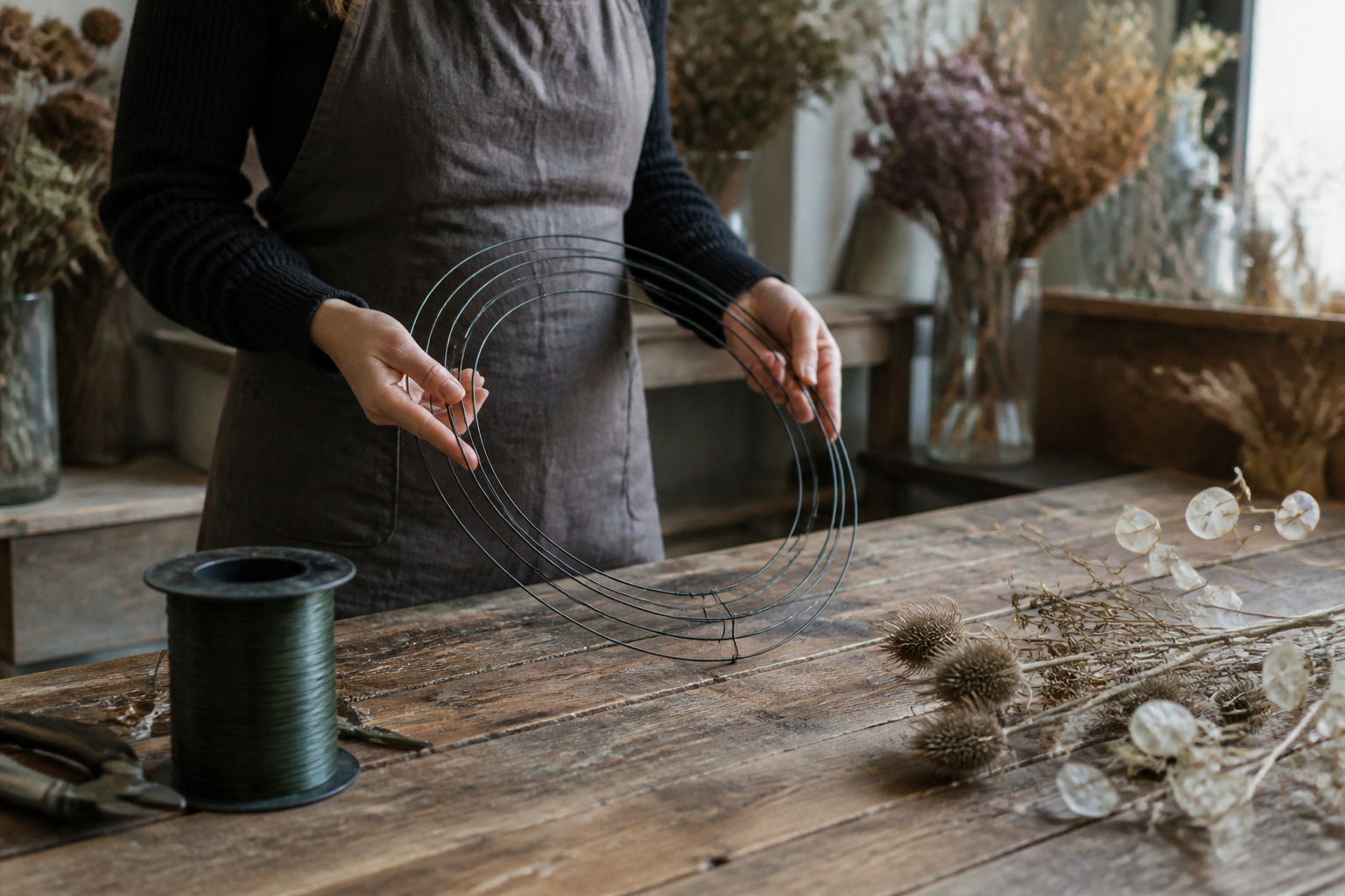 Florist holding an empty wire wreath frame with paddle wire on a worktable