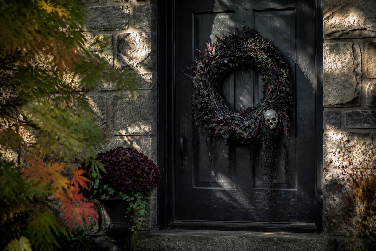 Finished Halloween wreath hanging on a shaded exterior front door