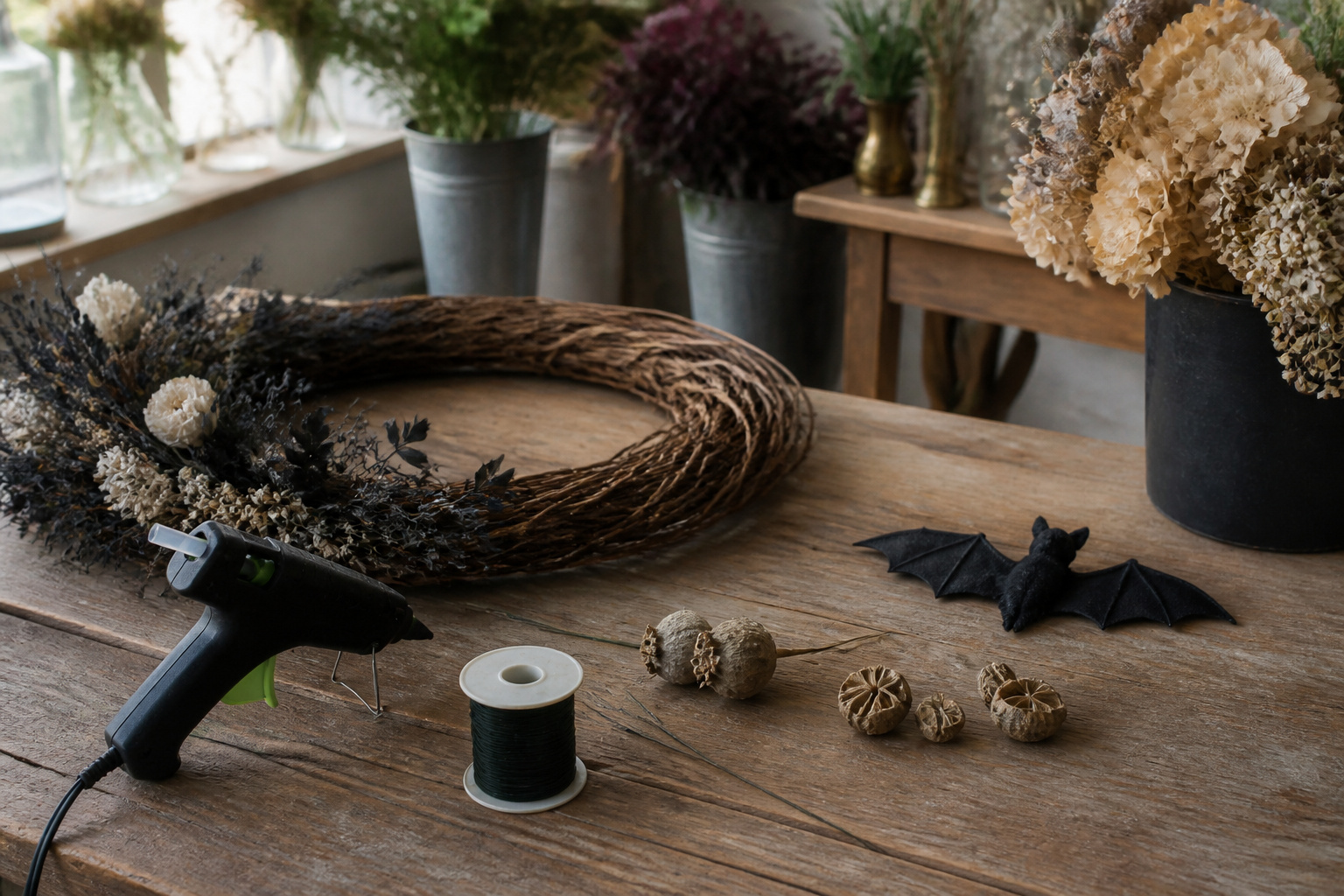 Floral glue gun, paddle wire, and small Halloween wreath accents laid out on a worktable