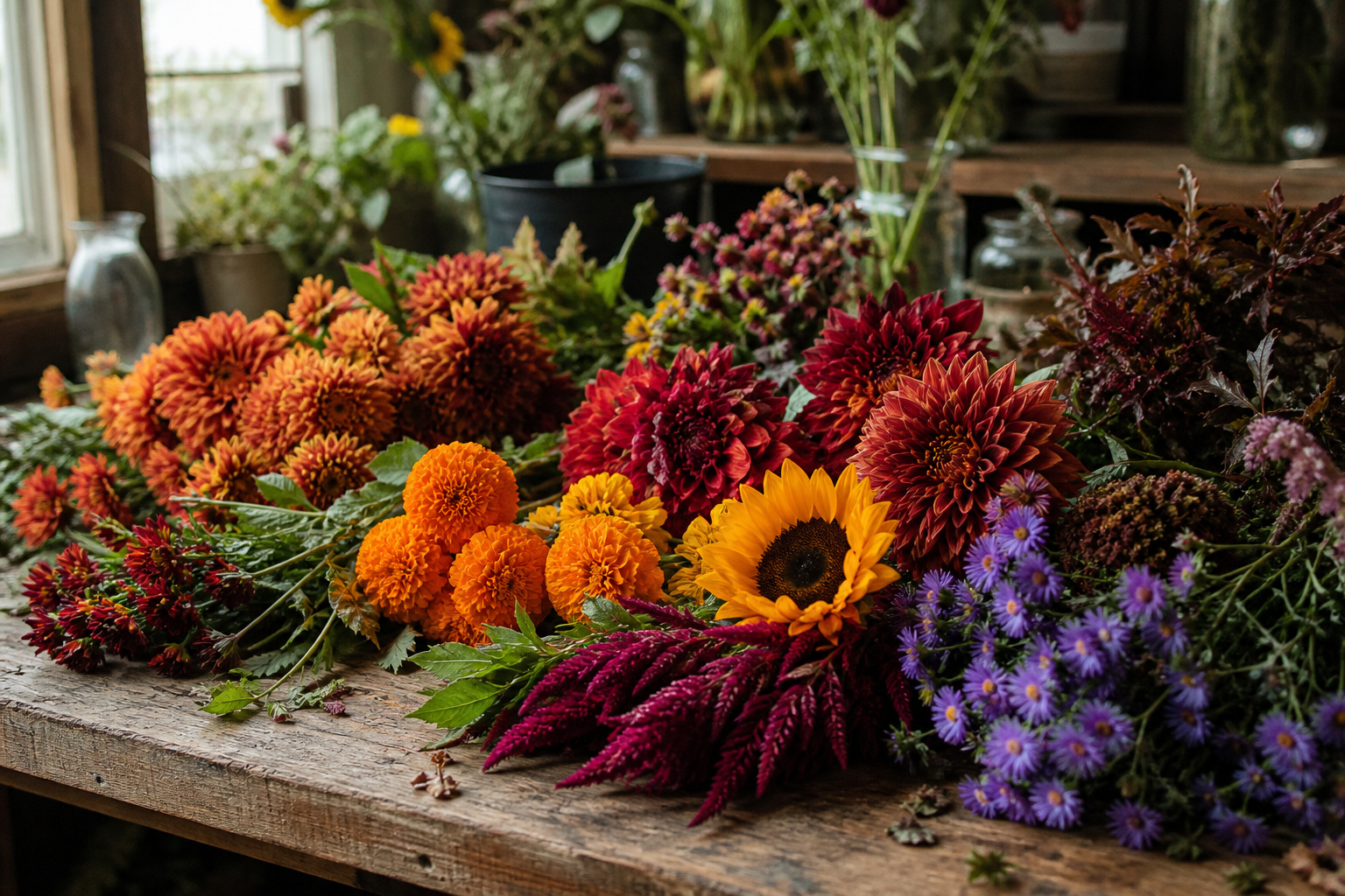 Assortment of fall flowers including mums, dahlias, marigolds, sunflowers, asters, and celosia laid out on a worktable