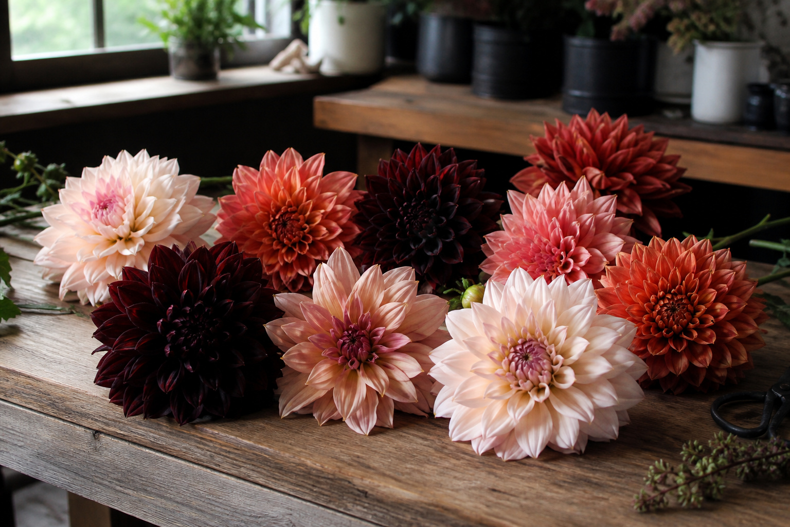 Large dahlia blooms in a range of fall colors laid out on a worktable