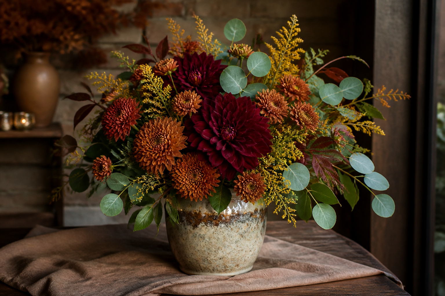 Finished fall arrangement combining rust mums, burgundy dahlias, gold accents, and eucalyptus