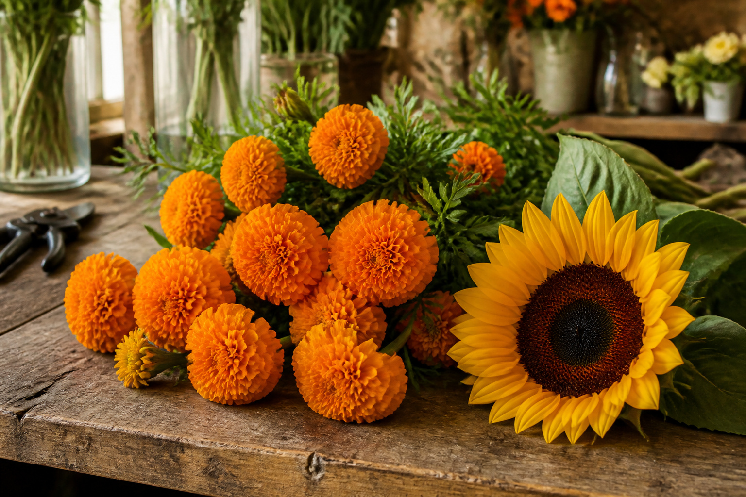 Orange marigolds and a sunflower bloom side by side on a rustic worktable
