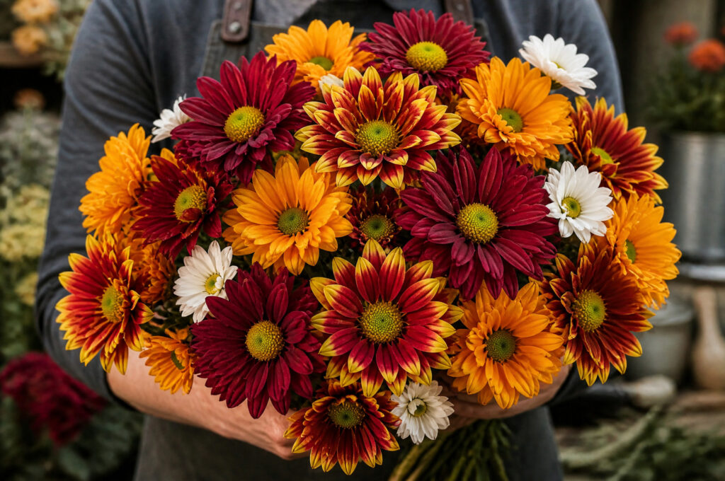 Close-up of rust and burgundy chrysanthemum blooms held in a florist's hands