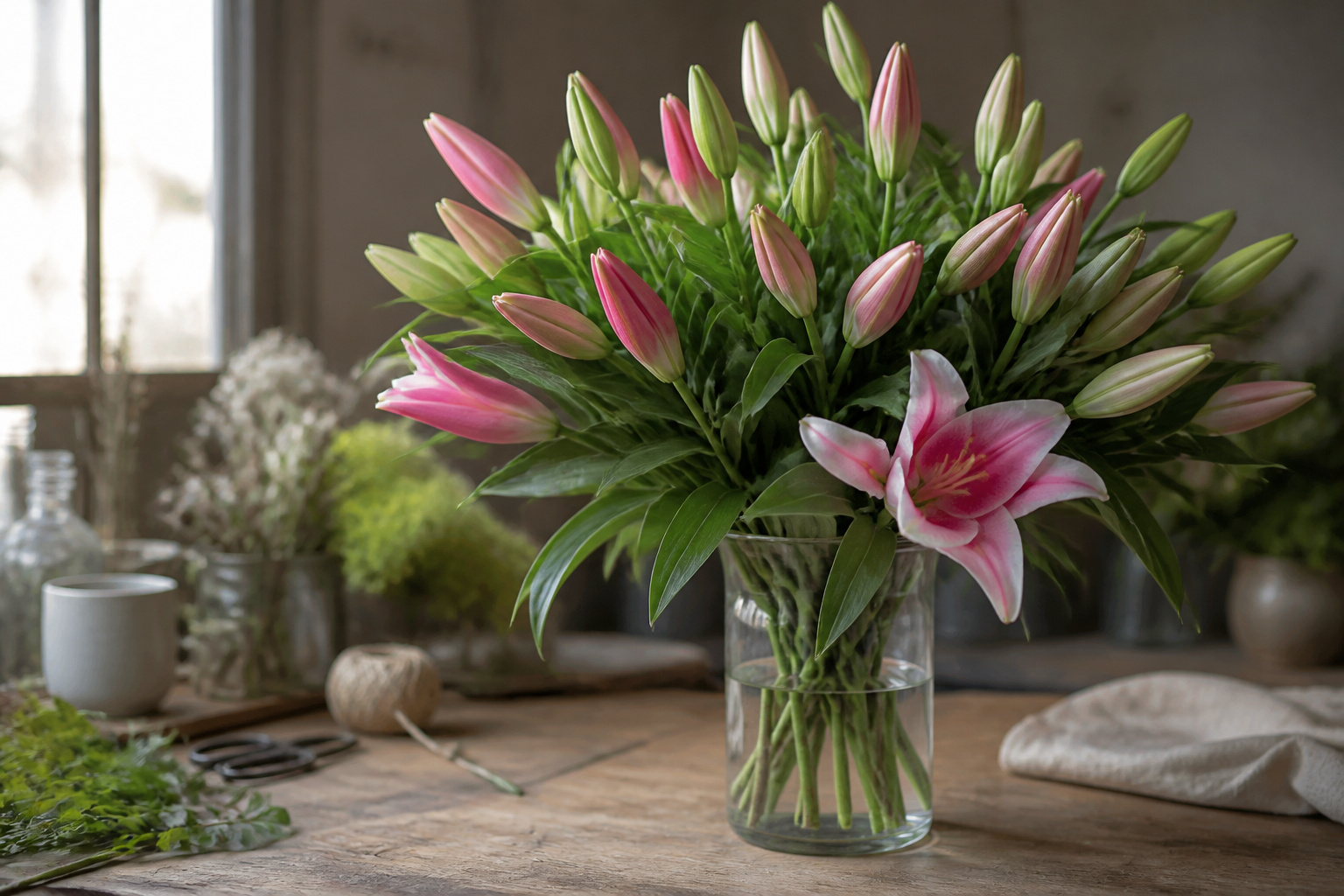 Bundle of fresh Oriental lilies with tightly closed buds on a florist's wooden workbench