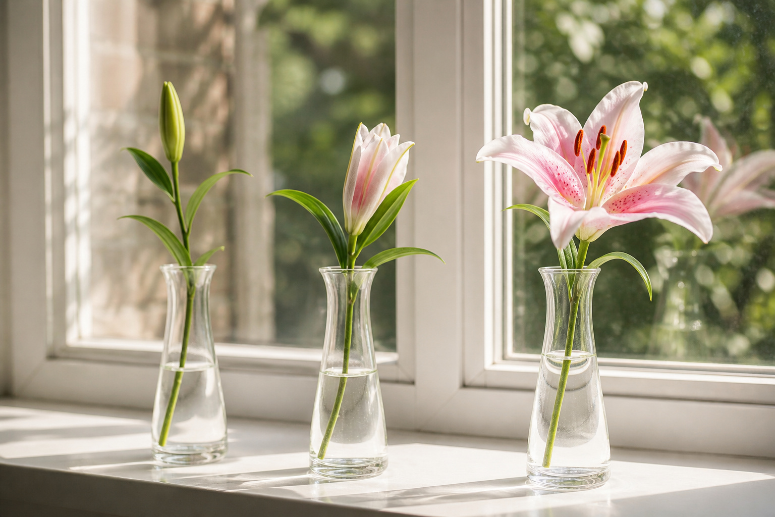 Oriental lily buds shown at different stages of opening on a windowsill
