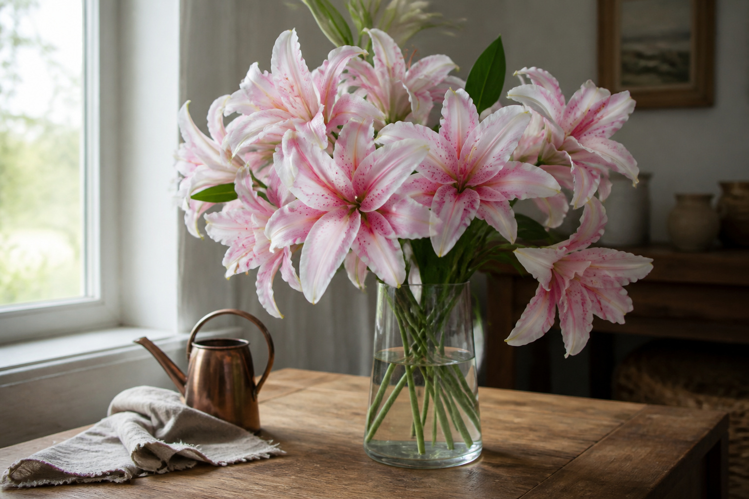 Fresh vase of open Oriental lilies with pollen removed, styled near a window