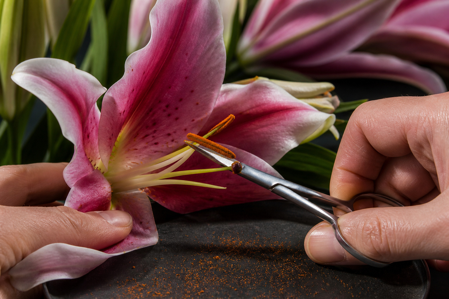 Removing a pollen-covered stamen from an open Oriental lily bloom