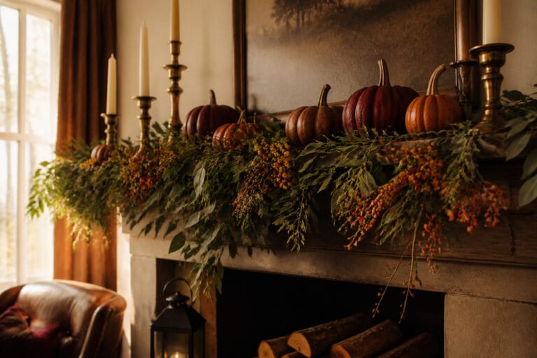 Styled fall fireplace mantel with a eucalyptus garland, staggered candlesticks, and rust and burgundy pumpkins