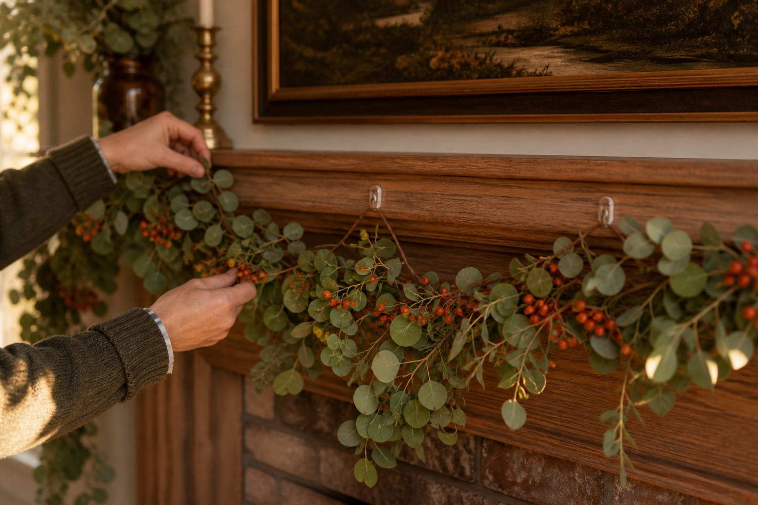 Hands draping a fresh eucalyptus and bittersweet garland along a fall mantel edge