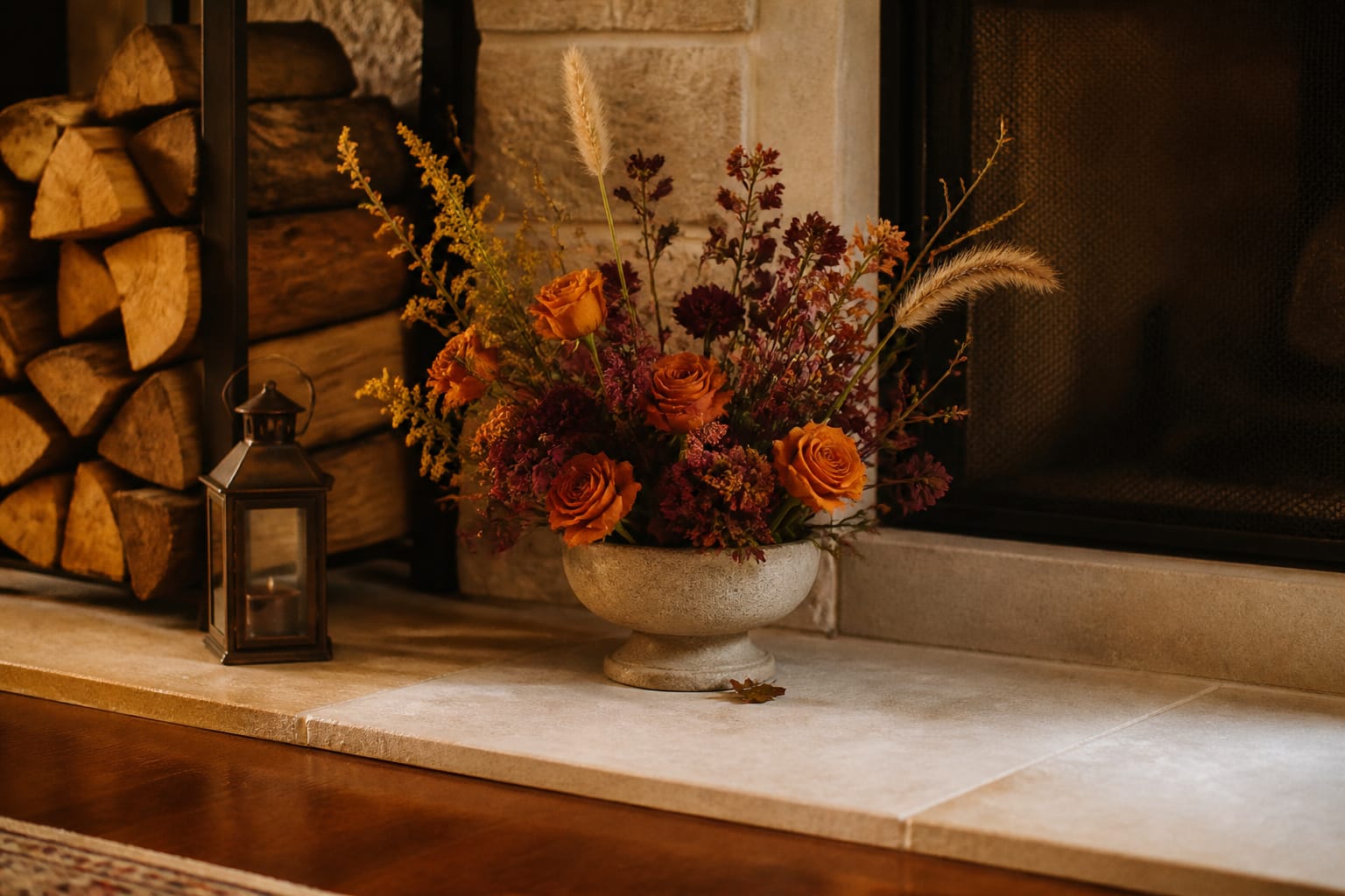 Styled fireplace hearth with stacked firewood, a lantern, and a low fall floral arrangement