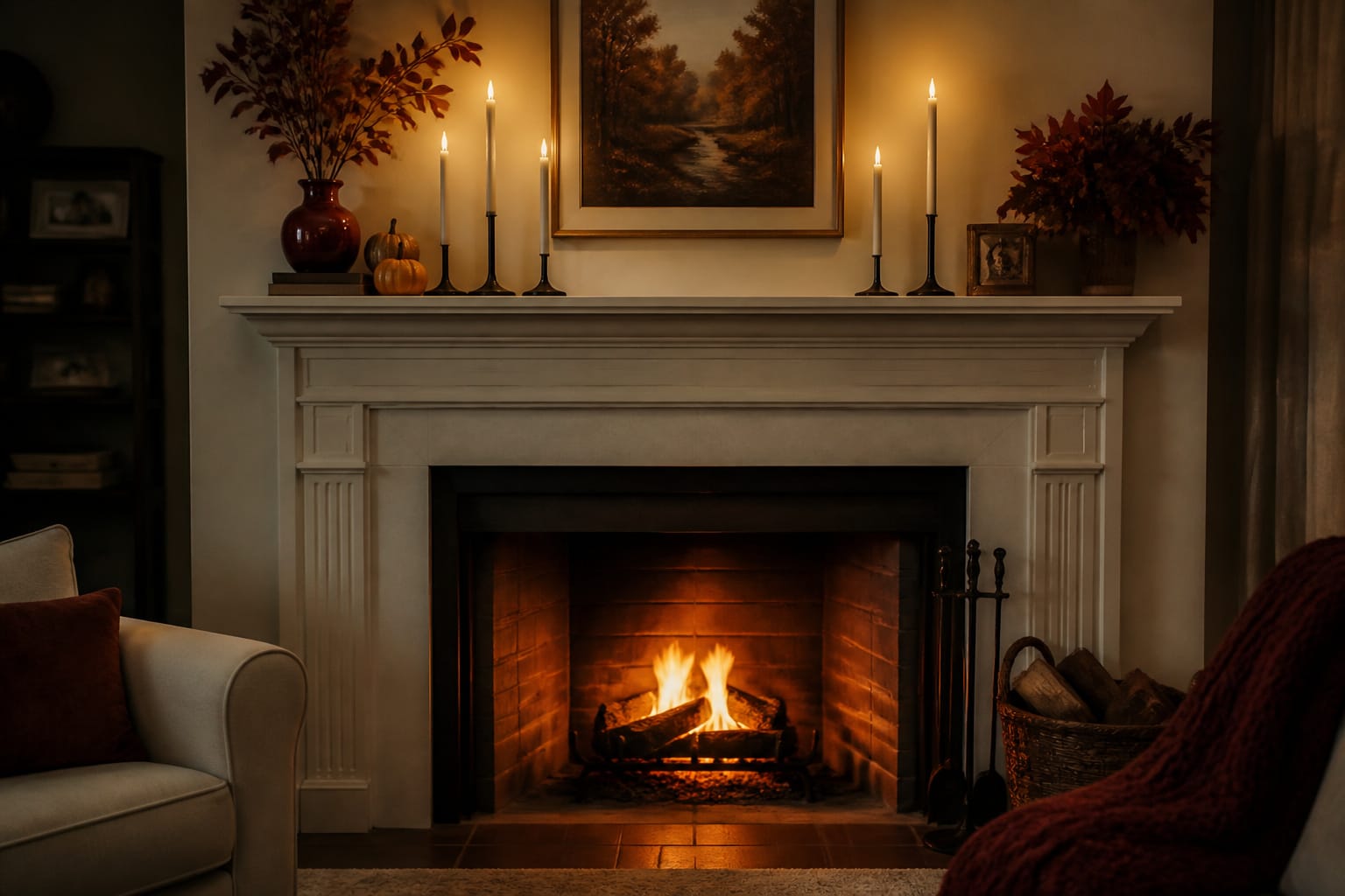 Flameless LED taper candles styled on a mantel above a working fireplace for safety