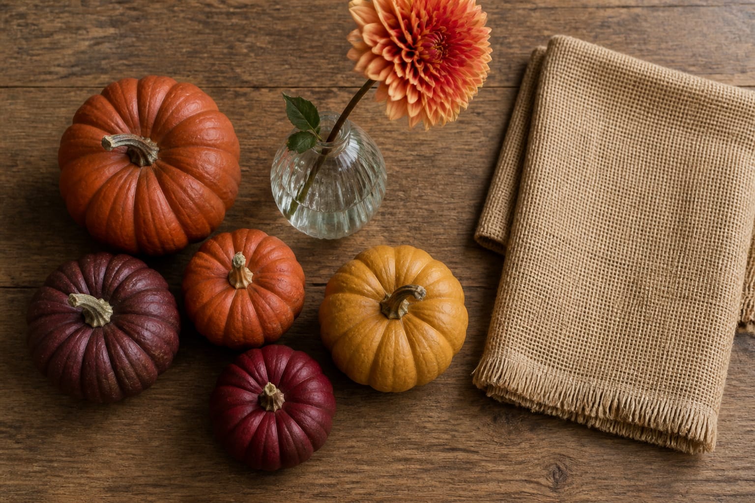Rust, burgundy, and gold fall accents including pumpkins and a dahlia bud vase for mantel styling